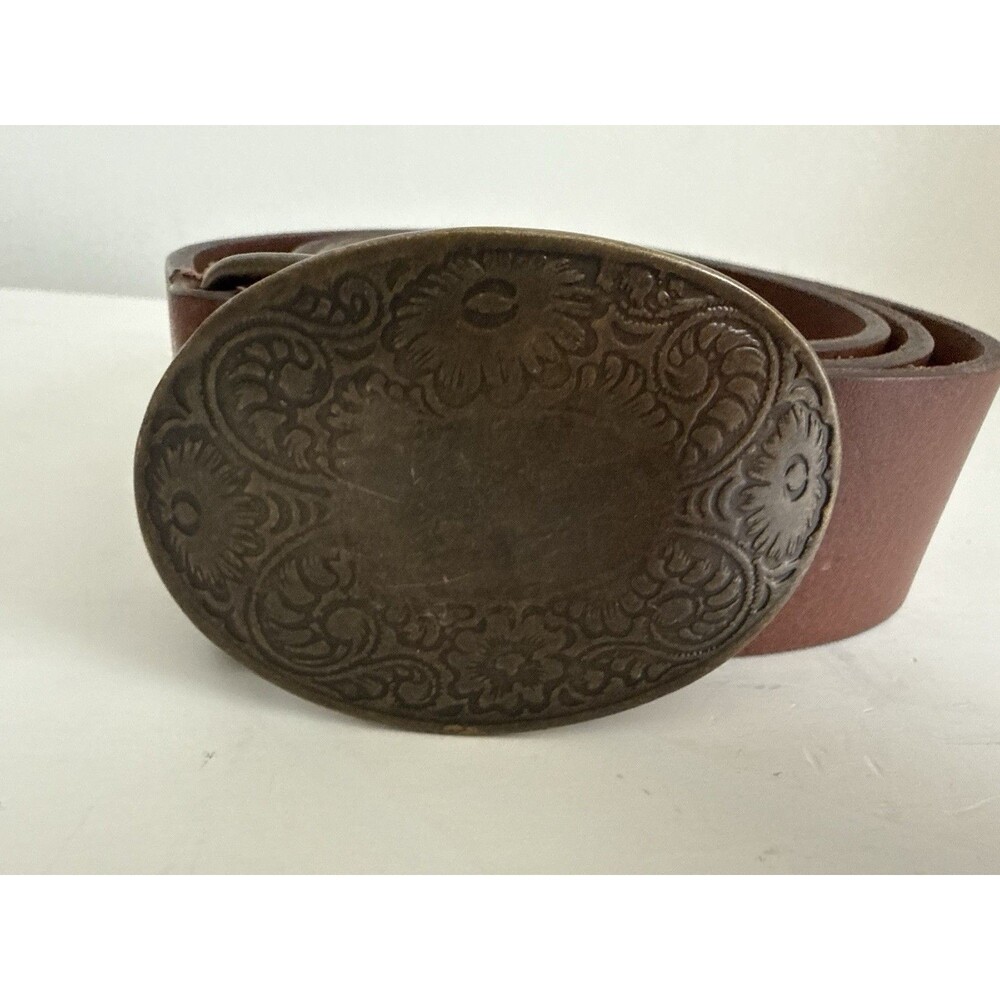 Old Navy Brown Genuine Leather Belt Large Oval Embossed Floral Buckle Size L
